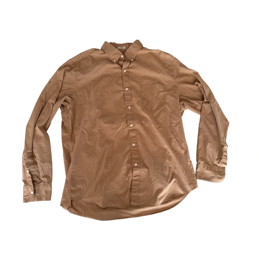 J.Crew Secret Wash Shirt Mens‎ Large Classic Fit Tan Navy Micro Dot Stretch L